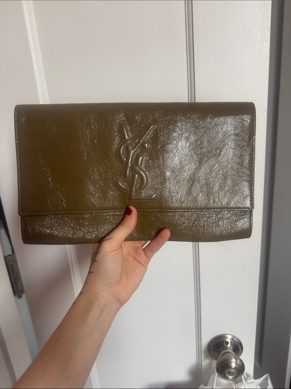Saint Laurent Taupe/Grey/Olive Leather YSL Logo Clutch